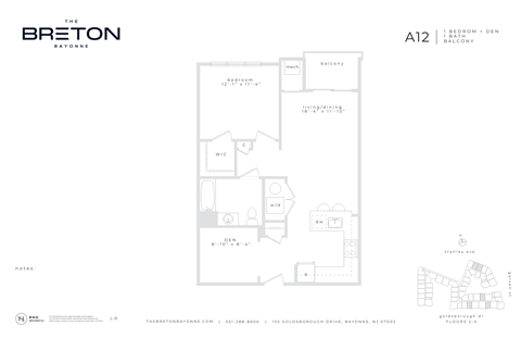 Floor plan for 1 bed, 1 bath, 820 sqft